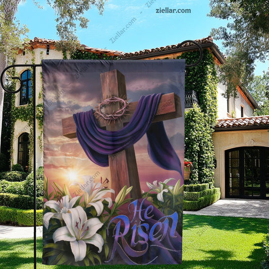 He is Risen Cross with Purple Cloth and Lilies Easter Christian Home Decor