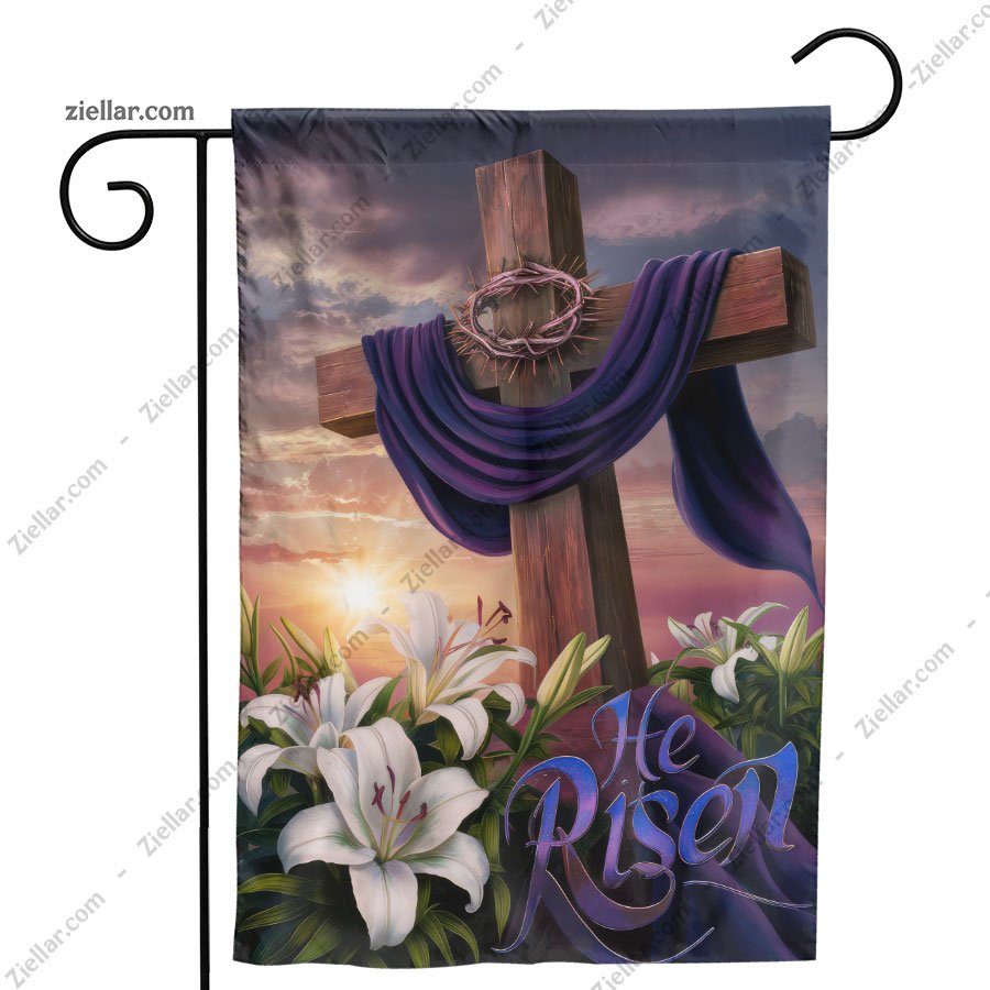 He is Risen Cross with Purple Cloth and Lilies Easter Christian Home Decor
