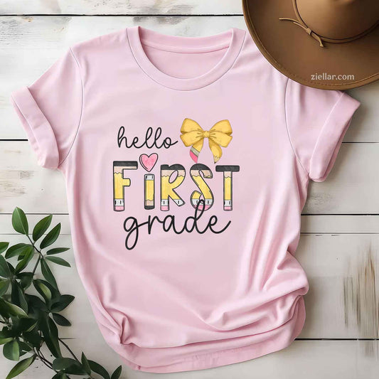 Hello First Grade Teacher Coquette Pencil Bow Back To School T-Shirt Tee for Men Women