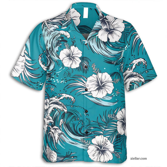 Hibiscus Leaf Print Hawaiian Shirt Tee, Aloha Turquoise Outfit for Men Women