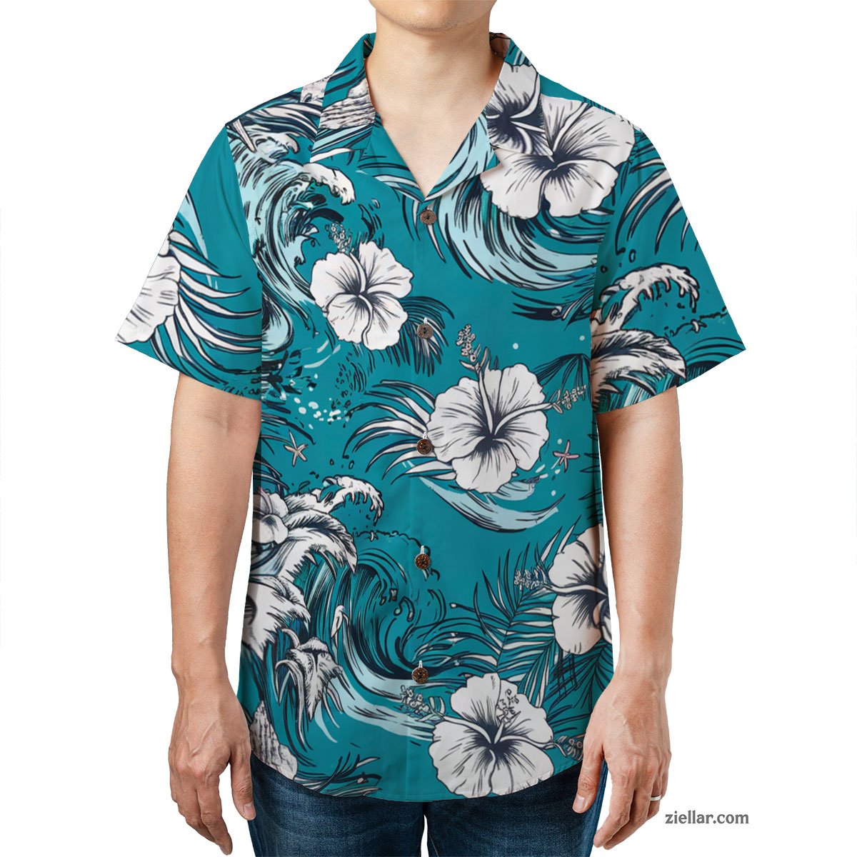 Hibiscus Leaf Print Hawaiian Shirt Tee, Aloha Turquoise Outfit for Men Women