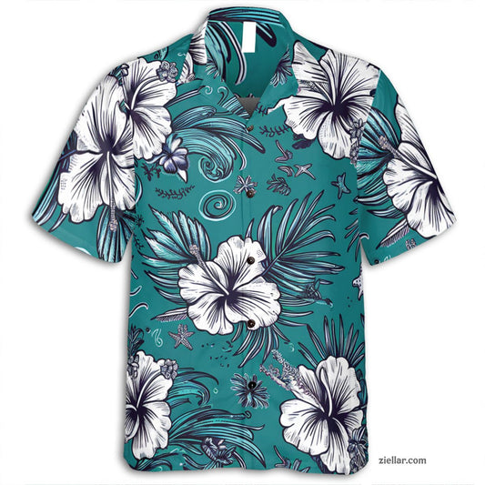 Hibiscus Palm Leaf Hawaiian Shirt and Tee, Stylish Summer Beachwear for Men