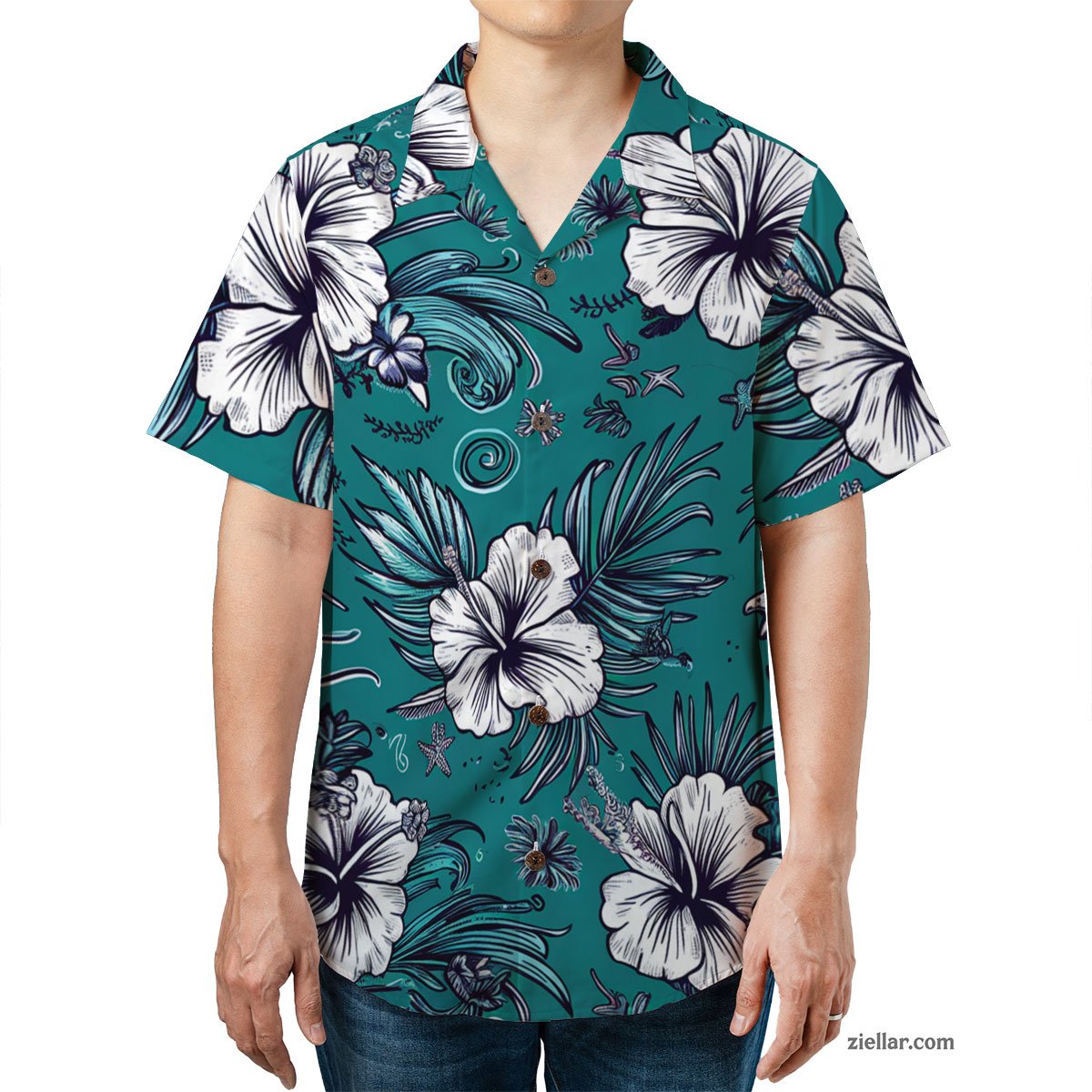 Hibiscus Palm Leaf Hawaiian Shirt and Tee, Stylish Summer Beachwear for Men