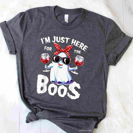 I'm Just Here For The Boos Halloween Women Ghost Cute Funny Tee, Halloween T-Shirt for Men Women Adults Unisex, Classic Fit Unisex Design, Everyday Wear Essential