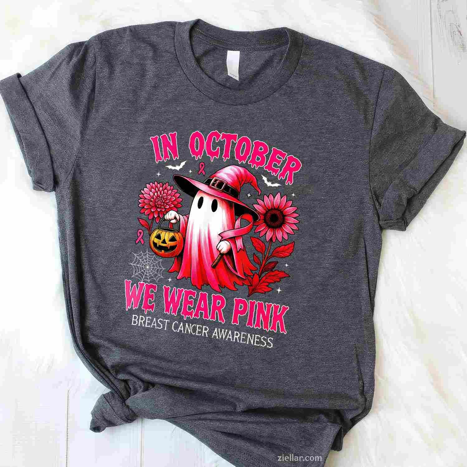 In October We Wear Pink Halloween  Ghost Breast Cancer Funny Graphic Tee and T-Shirt Gift for Adults Men Women Unisex