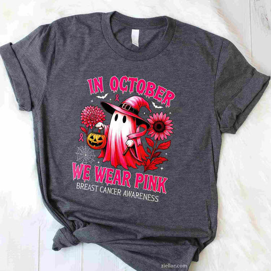 In October We Wear Pink Halloween  Ghost Breast Cancer Funny Graphic Tee and T-Shirt Gift for Adults Men Women Unisex