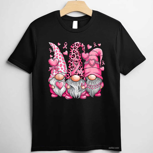 In October We Wear Pink Ribbon Gnomes Women Breast Cancer Funny Graphic Tee and T-Shirt Gift for Adults Men Women Unisex