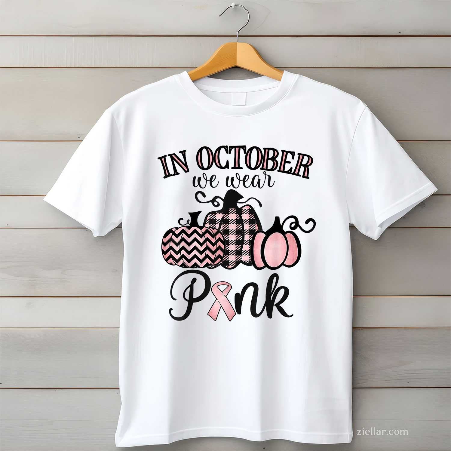 In October We Wear Pink Thanksgiving Breast Cancer Awareness Funny Graphic Tee and T-Shirt Gift for Adults Men Women Unisex