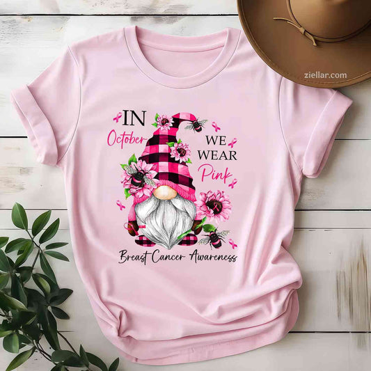 In October We Wear Pink Gnome Breast Cancer Awareness Funny Graphic Tee and T-Shirt Gift for Adults Men Women Unisex