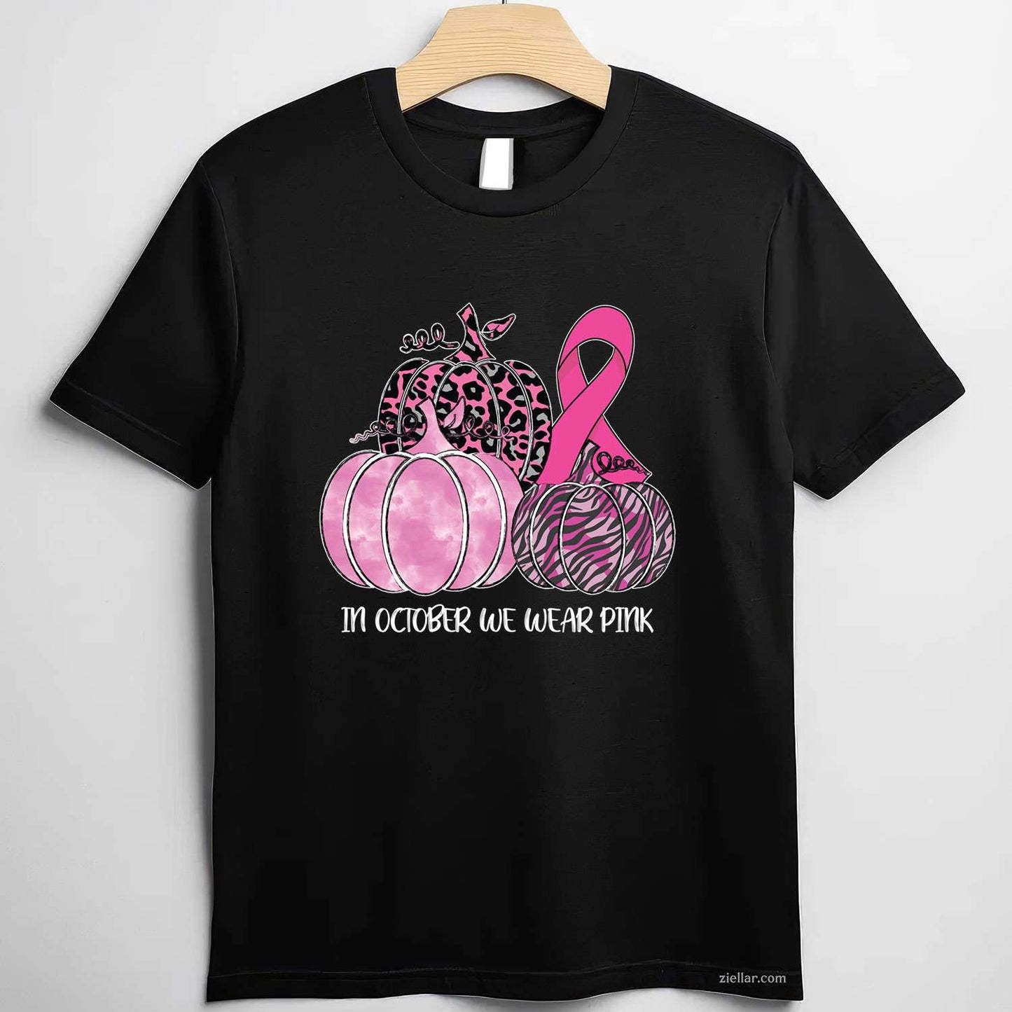 In October We Wear Pink Ribbon Pumpkin Breast Cancer Long Sleeve Funny Graphic Tee and T-Shirt Gift for Adults Men Women Unisex