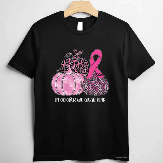 In October We Wear Pink Ribbon Pumpkin Breast Cancer Long Sleeve Funny Graphic Tee and T-Shirt Gift for Adults Men Women Unisex