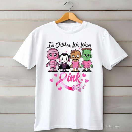 In October we wear pink halloween Funny Graphic Tee and T-Shirt Gift for Adults Men Women Unisex