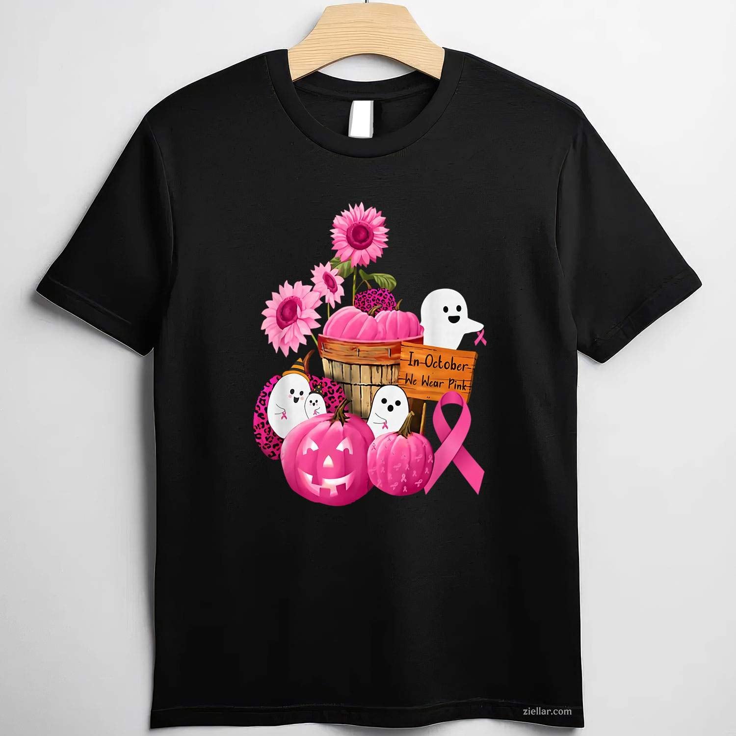 In October We Wear Pink Ghosts & Pumpkins For Breast Cancer Funny Graphic Tee and T-Shirt Gift for Adults Men Women Unisex