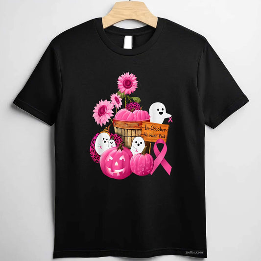In October We Wear Pink Ghosts & Pumpkins For Breast Cancer Funny Graphic Tee and T-Shirt Gift for Adults Men Women Unisex