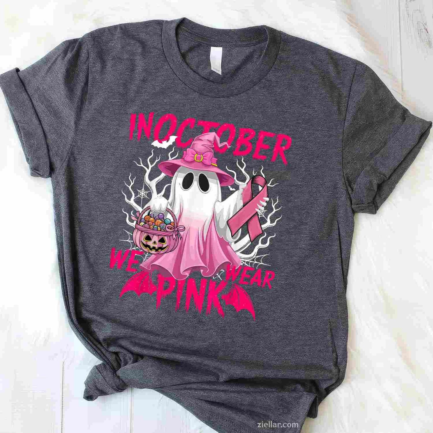 In October We Wear Pink  Breast Cancer Awareness Ghost Funny Graphic Tee and T-Shirt Gift for Adults Men Women Unisex