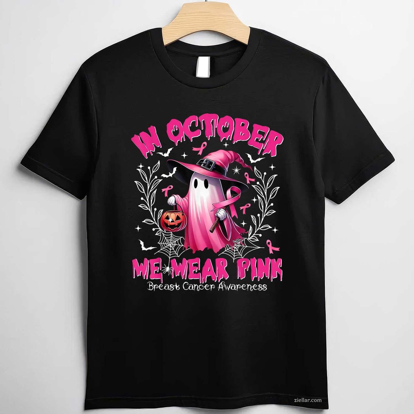 In October We Wear Pink Ghost Witch Breast Cancer Awareness Funny Graphic Tee and T-Shirt Gift for Adults Men Women Unisex Perfect Gift