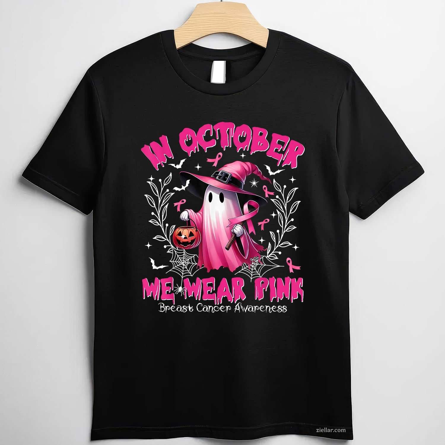 In October We Wear Pink Ghost Witch Breast Cancer Awareness Funny Graphic Tee and T-Shirt Gift for Adults Men Women Unisex Perfect Gift