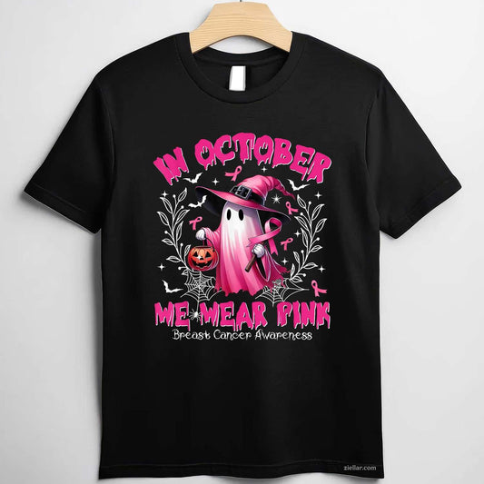 In October We Wear Pink Ghost Witch Breast Cancer Awareness Funny Graphic Tee and T-Shirt Gift for Adults Men Women Unisex Perfect Gift