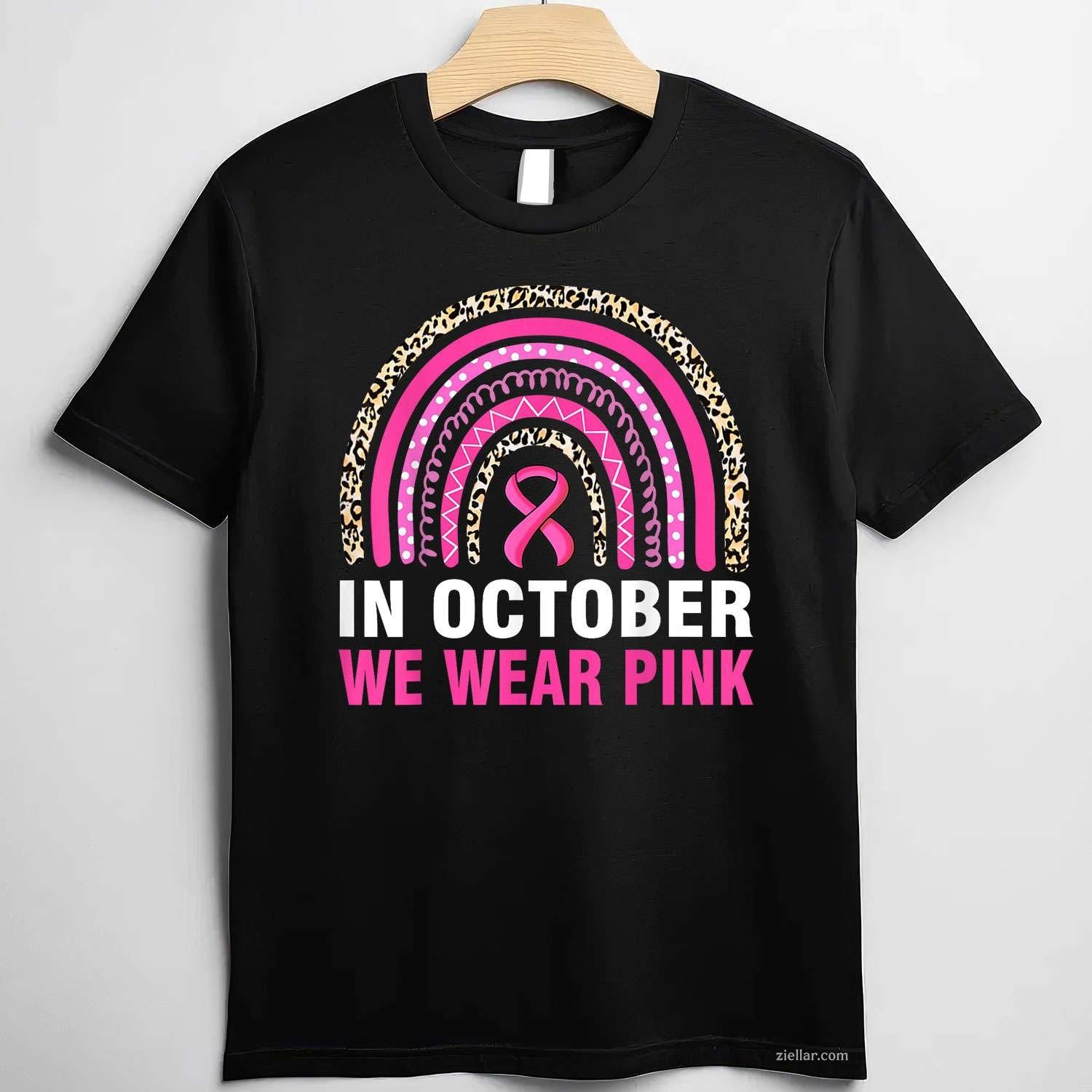 In October We Wear Pink Leopard Breast Cancer Awareness Funny Graphic Tee and T-Shirt Gift for Adults Men Women Unisex