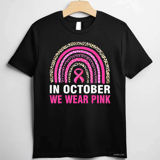 In October We Wear Pink Leopard Breast Cancer Awareness Funny Graphic Tee and T-Shirt Gift for Adults Men Women Unisex