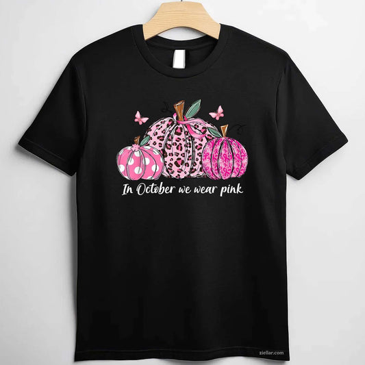 In October We Wear Pink Pumpkins Breast Cancer Awareness Funny Graphic Tee and T-Shirt Gift for Adults Men Women Unisex