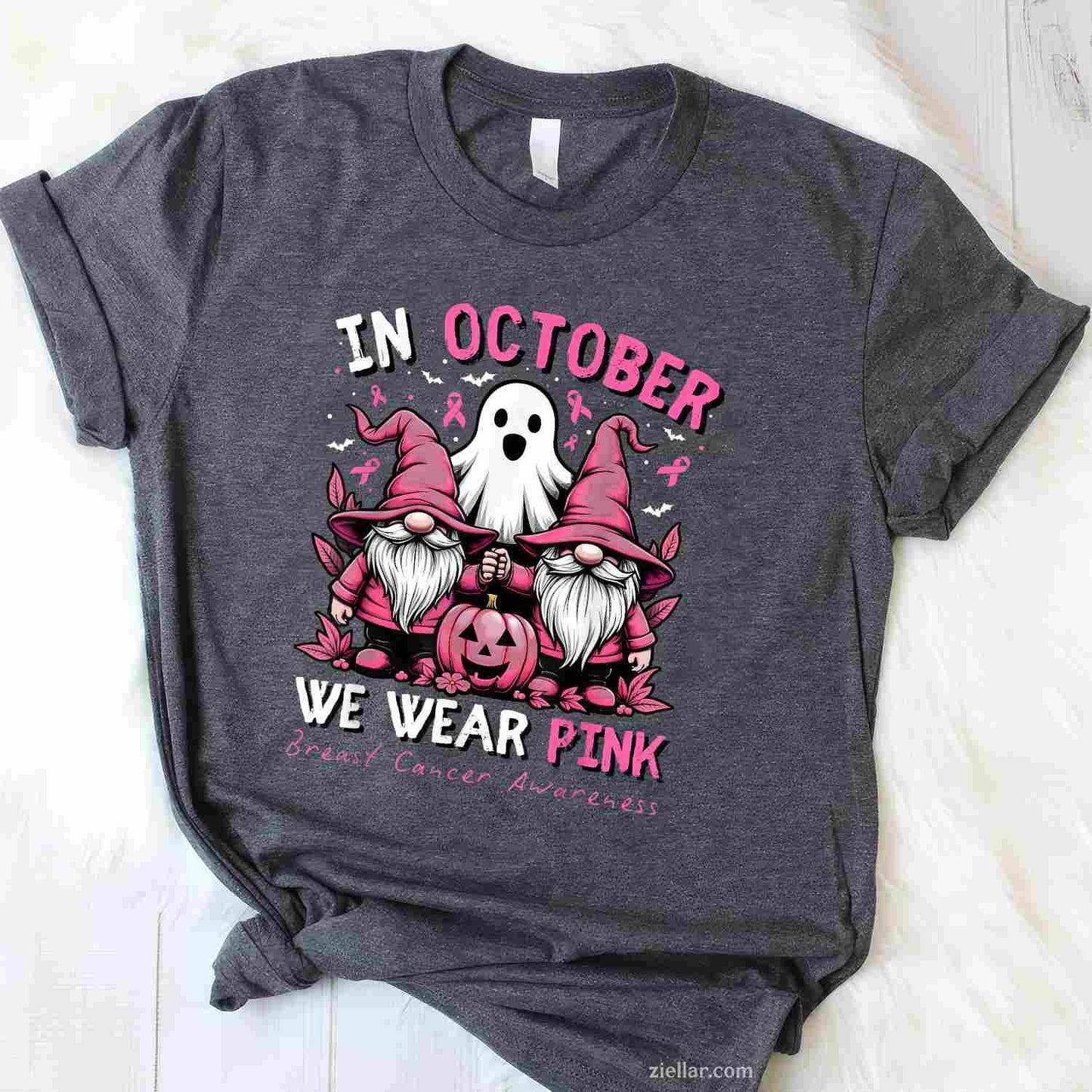 In October We Wear Pink Ghost Gnomes Breast Cancer Awareness Funny Graphic Tee and T-Shirt Gift for Adults Men Women Unisex