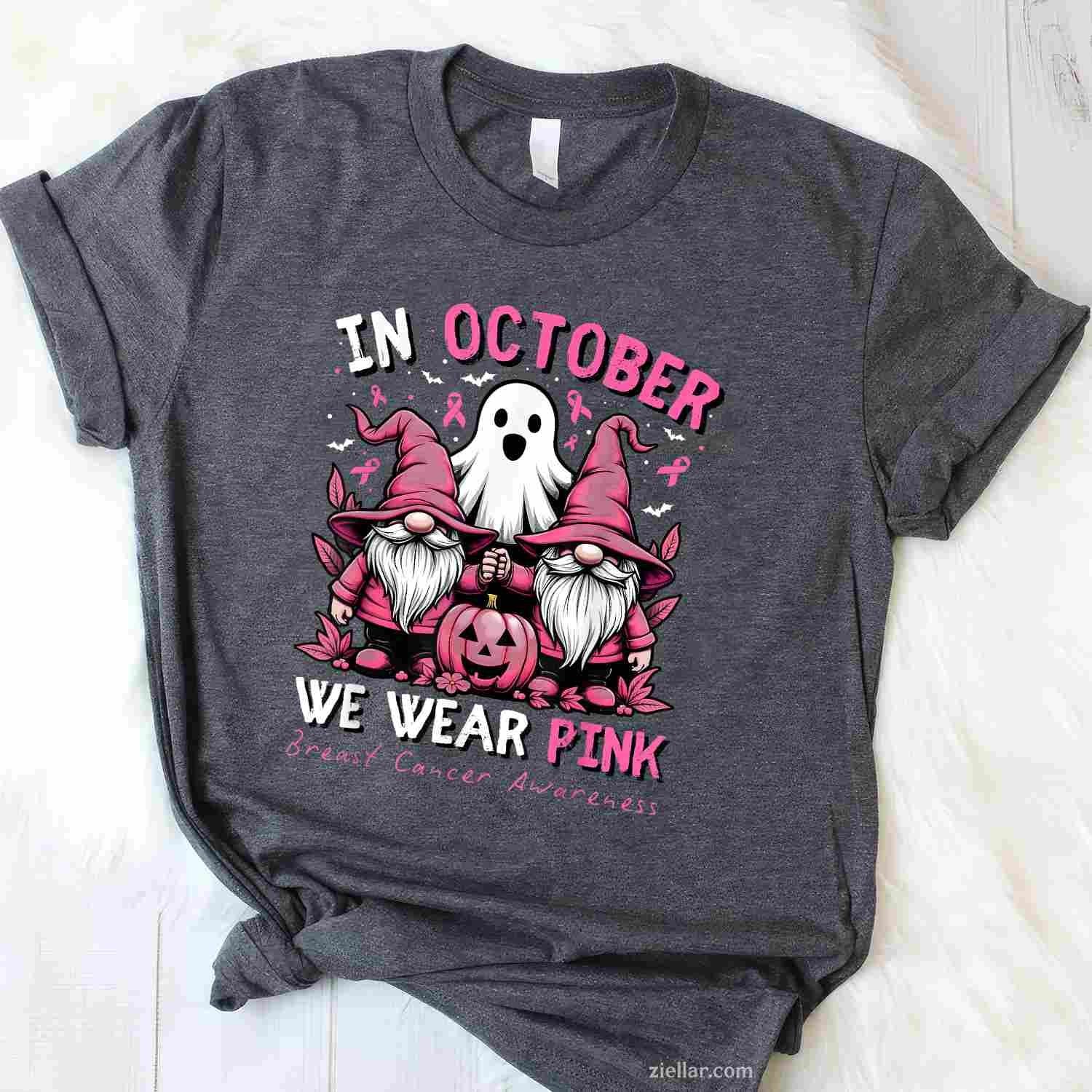 In October We Wear Pink Ghost Gnomes Breast Cancer Awareness Funny Graphic Tee and T-Shirt Gift for Adults Men Women Unisex