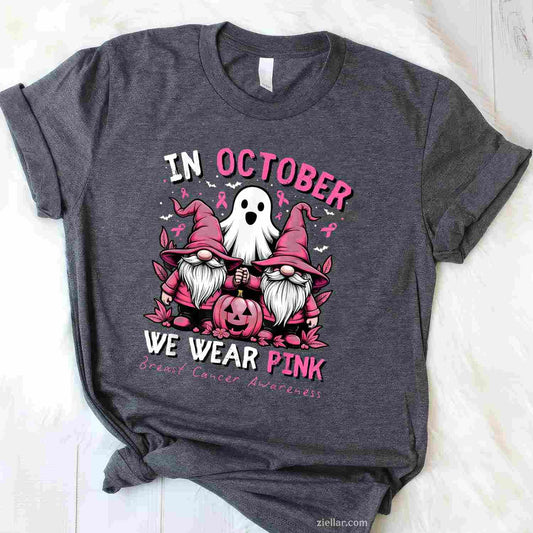 In October We Wear Pink Ghost Gnomes Breast Cancer Awareness Funny Graphic Tee and T-Shirt Gift for Adults Men Women Unisex