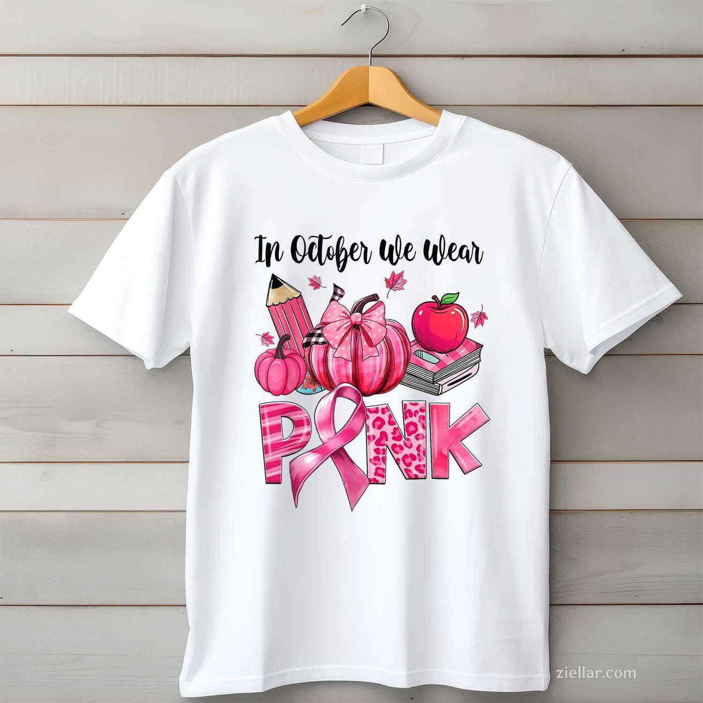 In October We Wear Pink Apple Teacher Pumpkin Breast Cancer Funny Graphic Tee and T-Shirt Gift for Adults Men Women Unisex