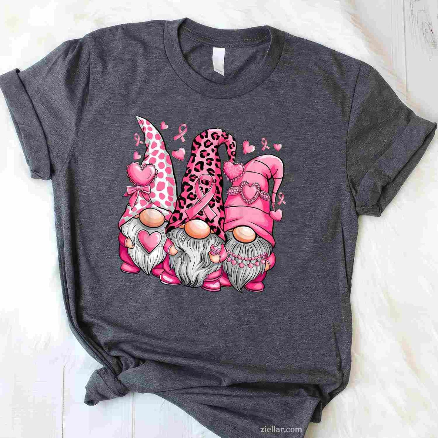 In October We Wear Pink Ribbon Gnomes Women Breast Cancer Funny Graphic Tee and T-Shirt Gift for Adults Men Women Unisex