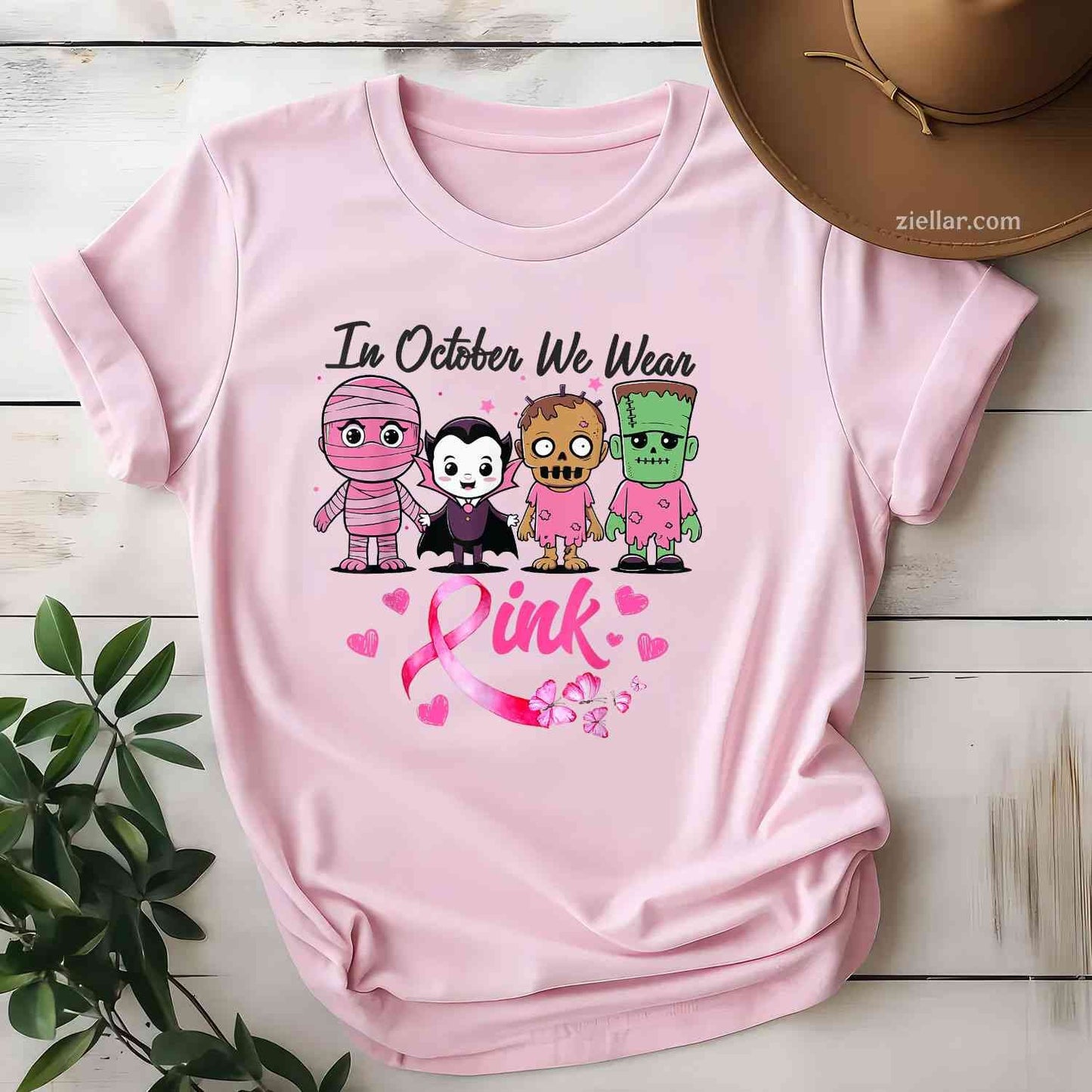 In October we wear pink halloween Funny Graphic Tee and T-Shirt Gift for Adults Men Women Unisex