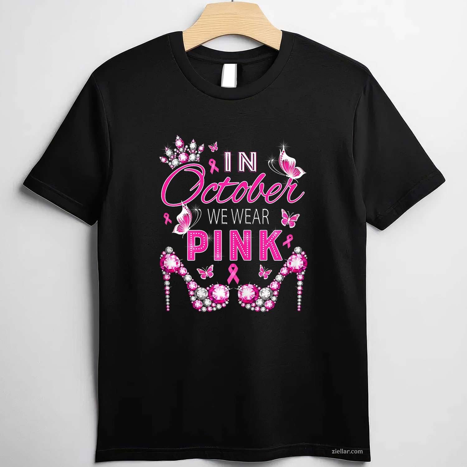 In October we wear pink breast cancer awareness ribbon girly Funny Graphic Tee and T-Shirt Gift for Adults Men Women Unisex