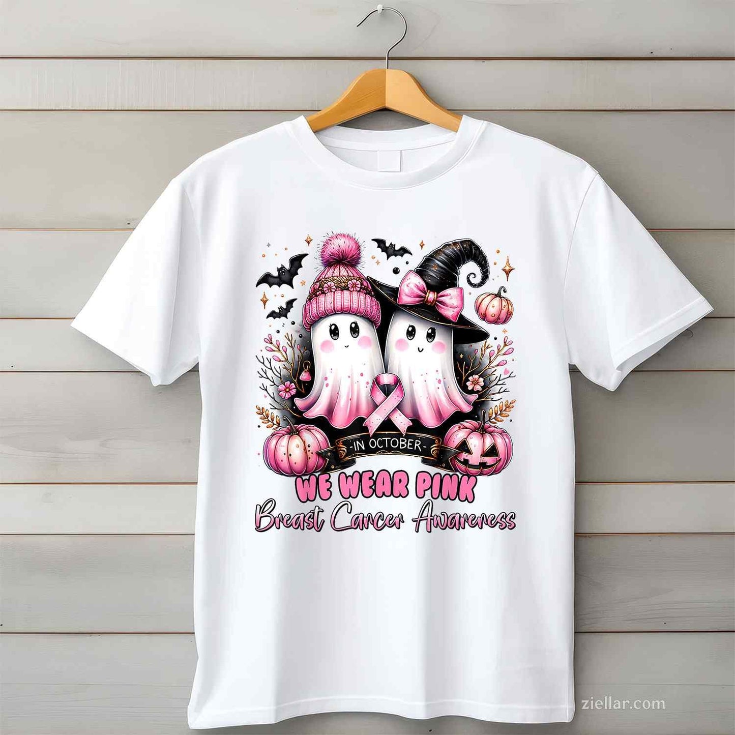 In October We Wear Pink Ghost Witch Breast Cancer Awareness Funny Graphic Tee and T-Shirt Gift for Adults Men Women Unisex