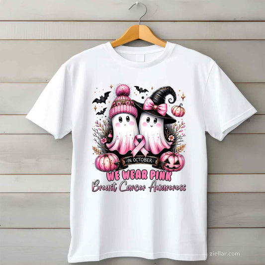 In October We Wear Pink Ghost Witch Breast Cancer Awareness Funny Graphic Tee and T-Shirt Gift for Adults Men Women Unisex