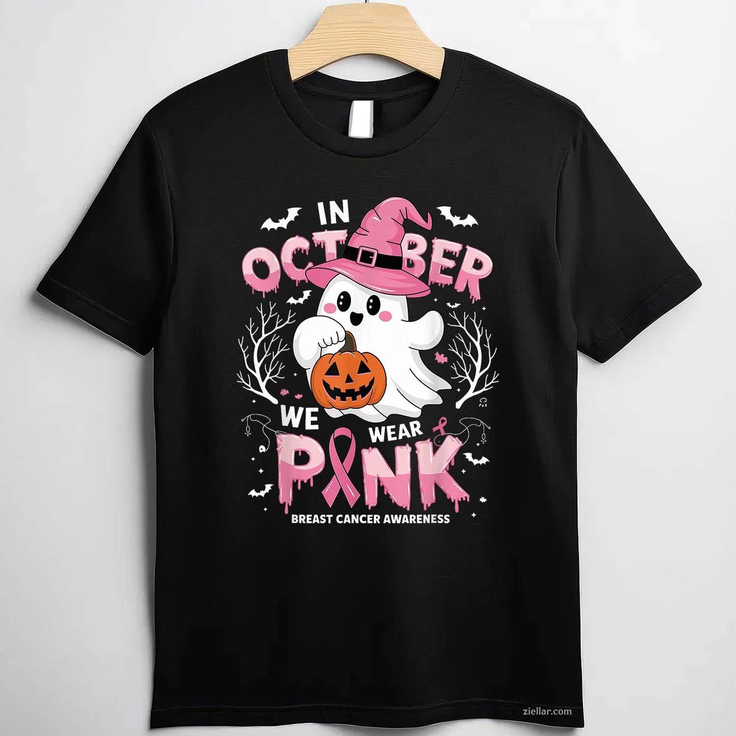 In October We Wear Pink shirt Ghost Breast Cancer Awareness Funny Graphic Tee and T-Shirt Gift for Adults Men Women Unisex