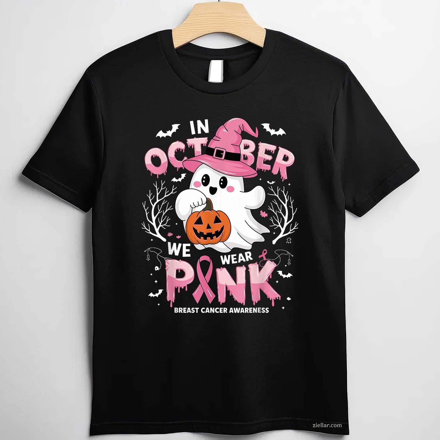 In October We Wear Pink shirt Ghost Breast Cancer Awareness Funny Graphic Tee and T-Shirt Gift for Adults Men Women Unisex