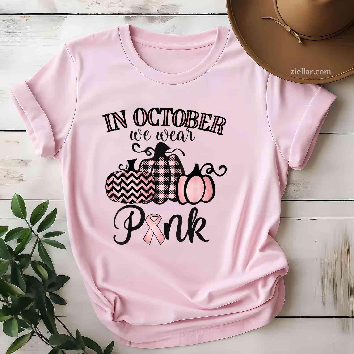 In October We Wear Pink Thanksgiving Breast Cancer Awareness Funny Graphic Tee and T-Shirt Gift for Adults Men Women Unisex