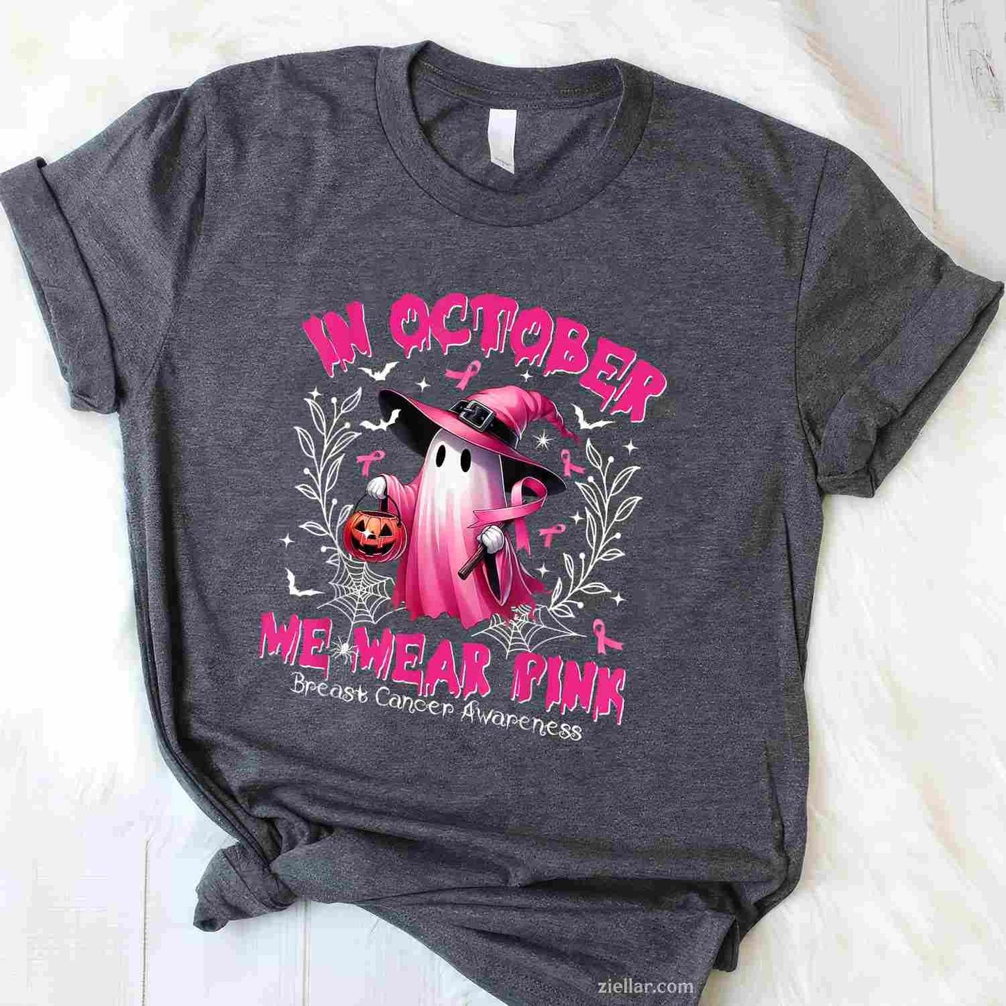 In October We Wear Pink Ghost Witch Breast Cancer Awareness Funny Graphic Tee and T-Shirt Gift for Adults Men Women Unisex Perfect Gift