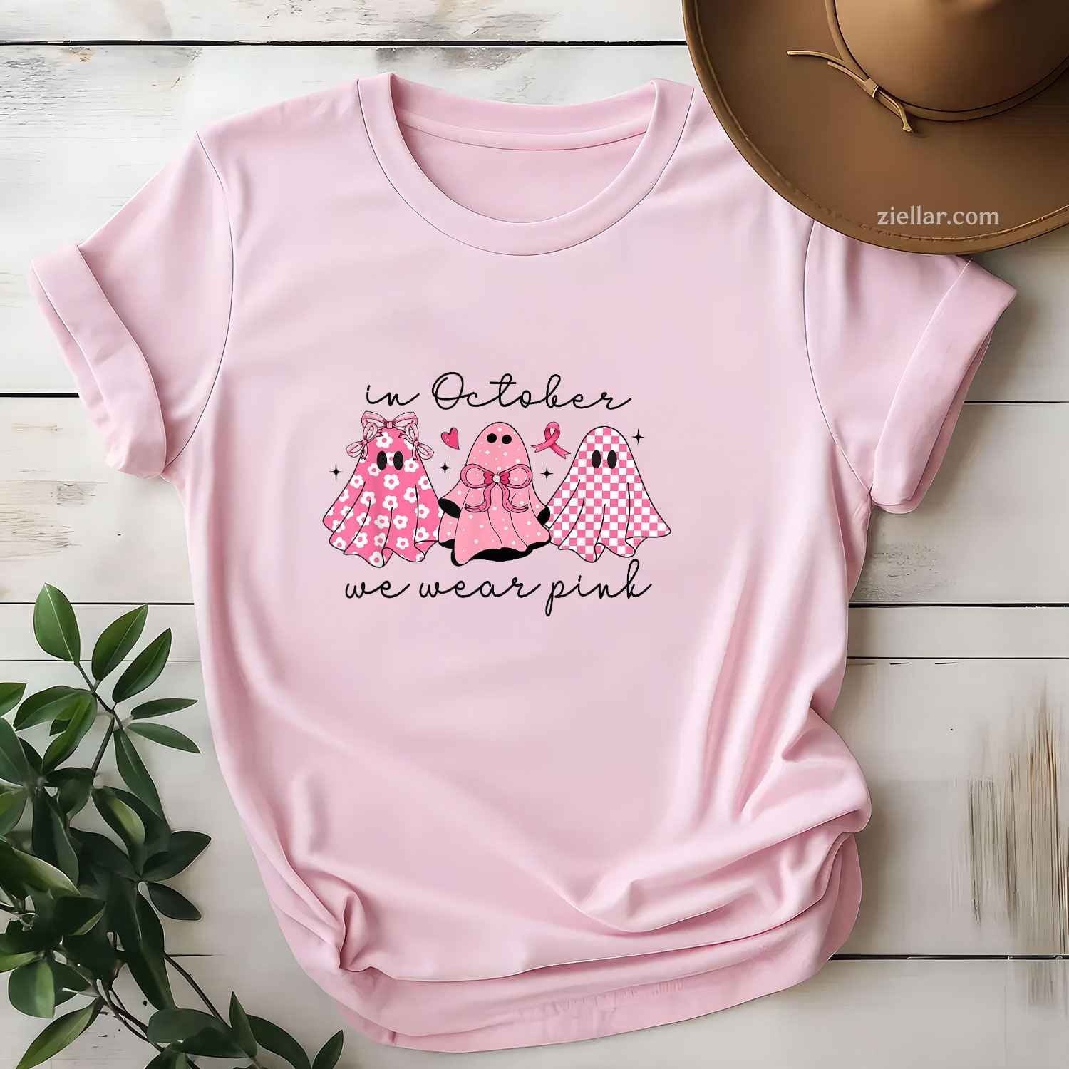 In October We Wear Pink Cute Ghost Women's Funny Graphic Tee and T-Shirt Gift for Adults Men Women Unisex