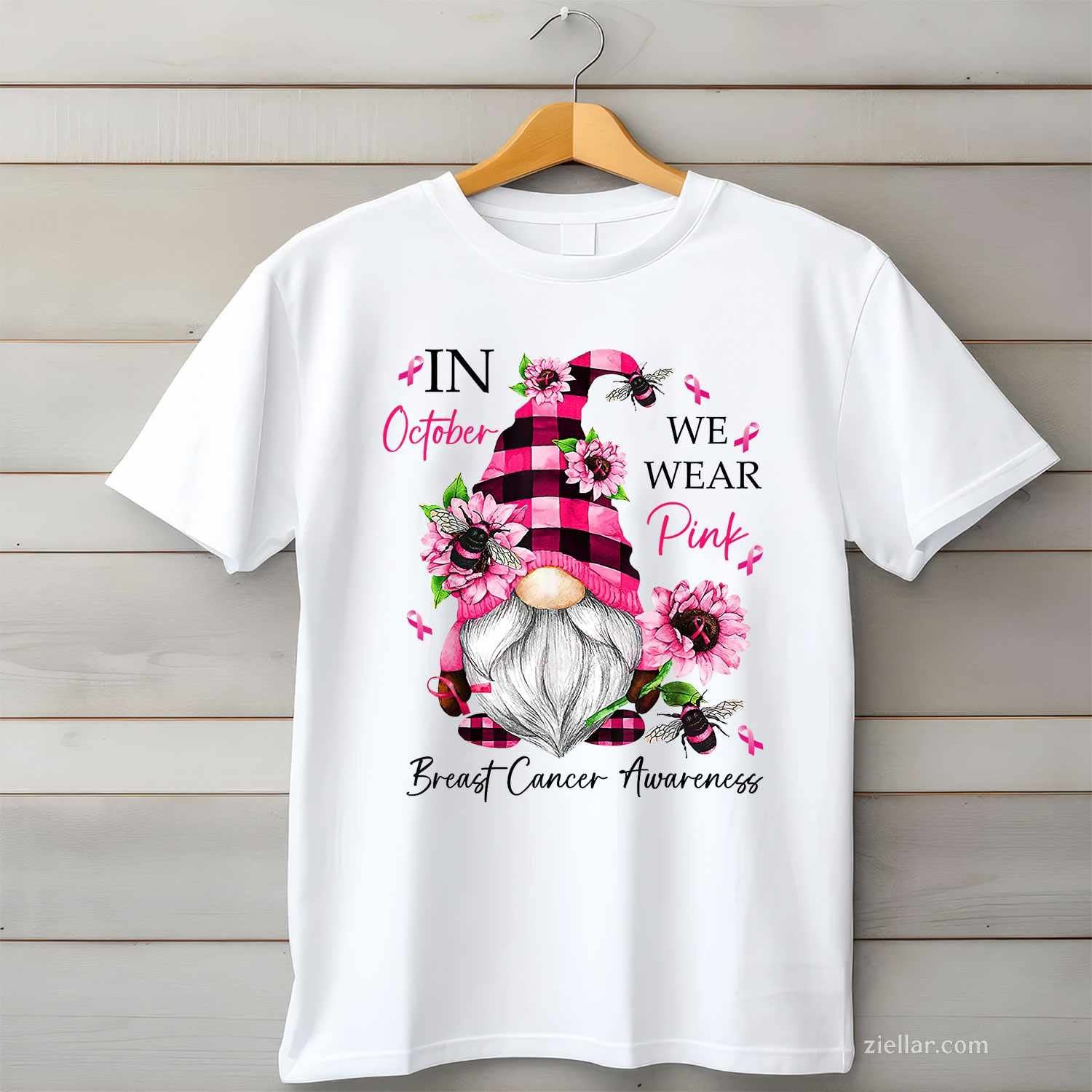 In October We Wear Pink Gnome Breast Cancer Awareness Funny Graphic Tee and T-Shirt Gift for Adults Men Women Unisex