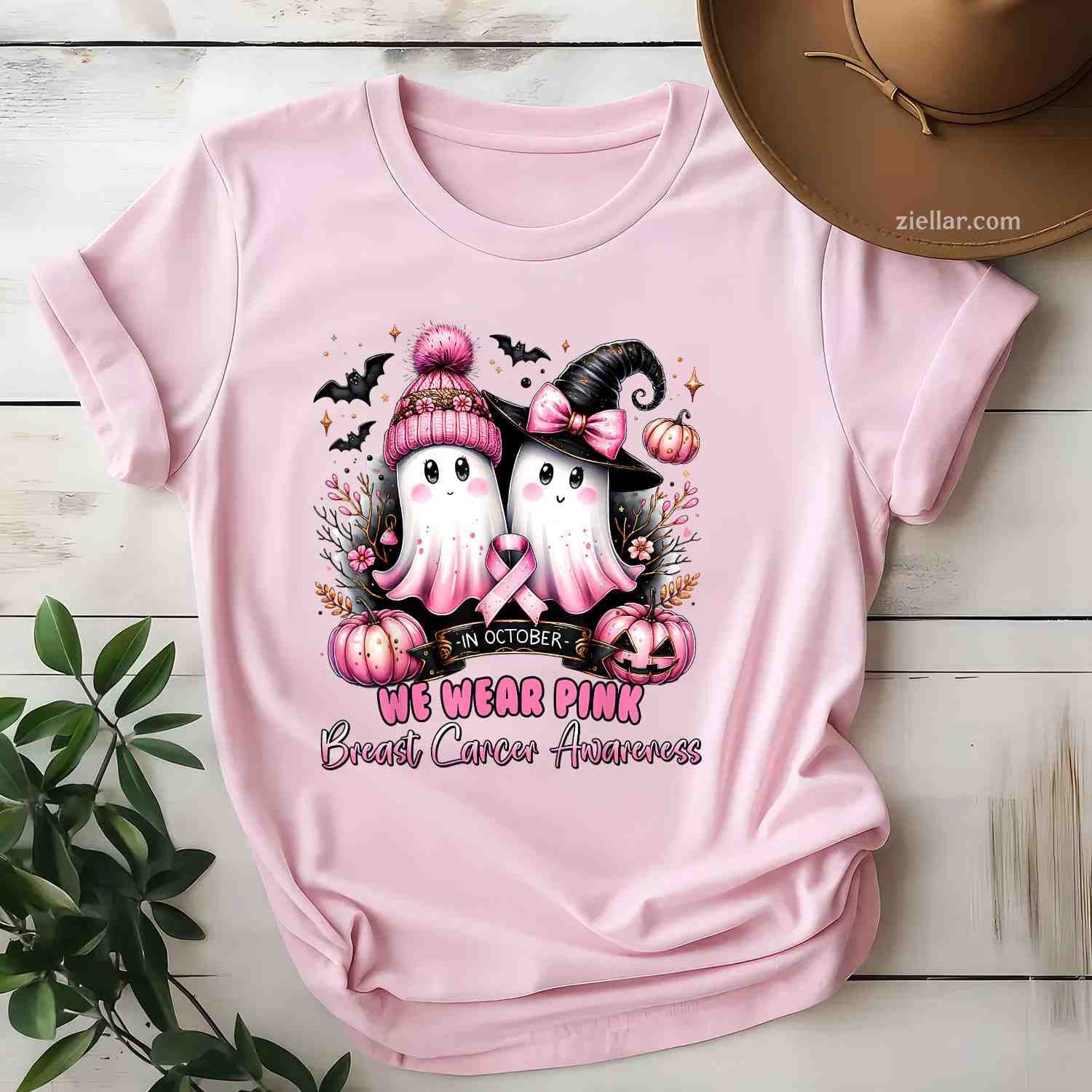 In October We Wear Pink Ghost Witch Breast Cancer Awareness Funny Graphic Tee and T-Shirt Gift for Adults Men Women Unisex