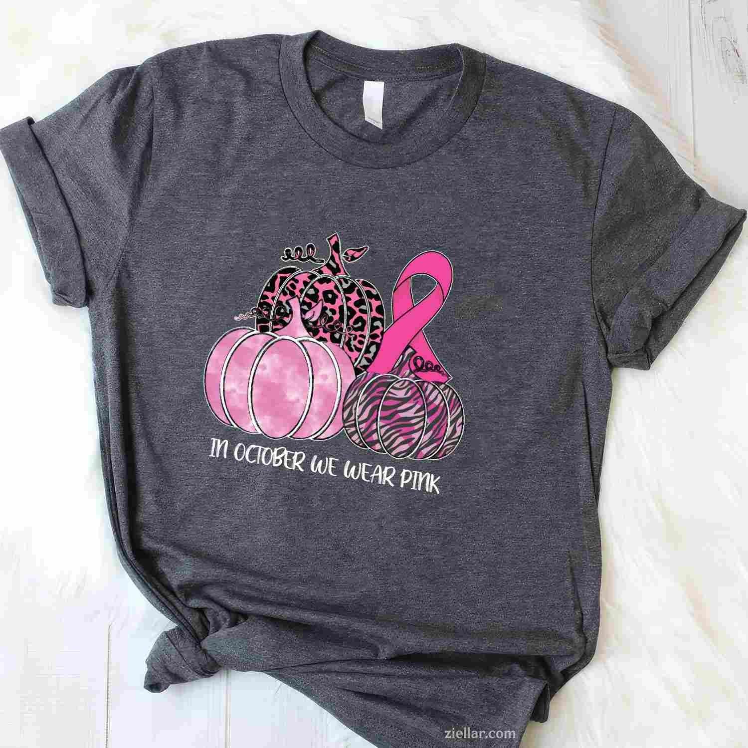 In October We Wear Pink Ribbon Pumpkin Breast Cancer Long Sleeve Funny Graphic Tee and T-Shirt Gift for Adults Men Women Unisex
