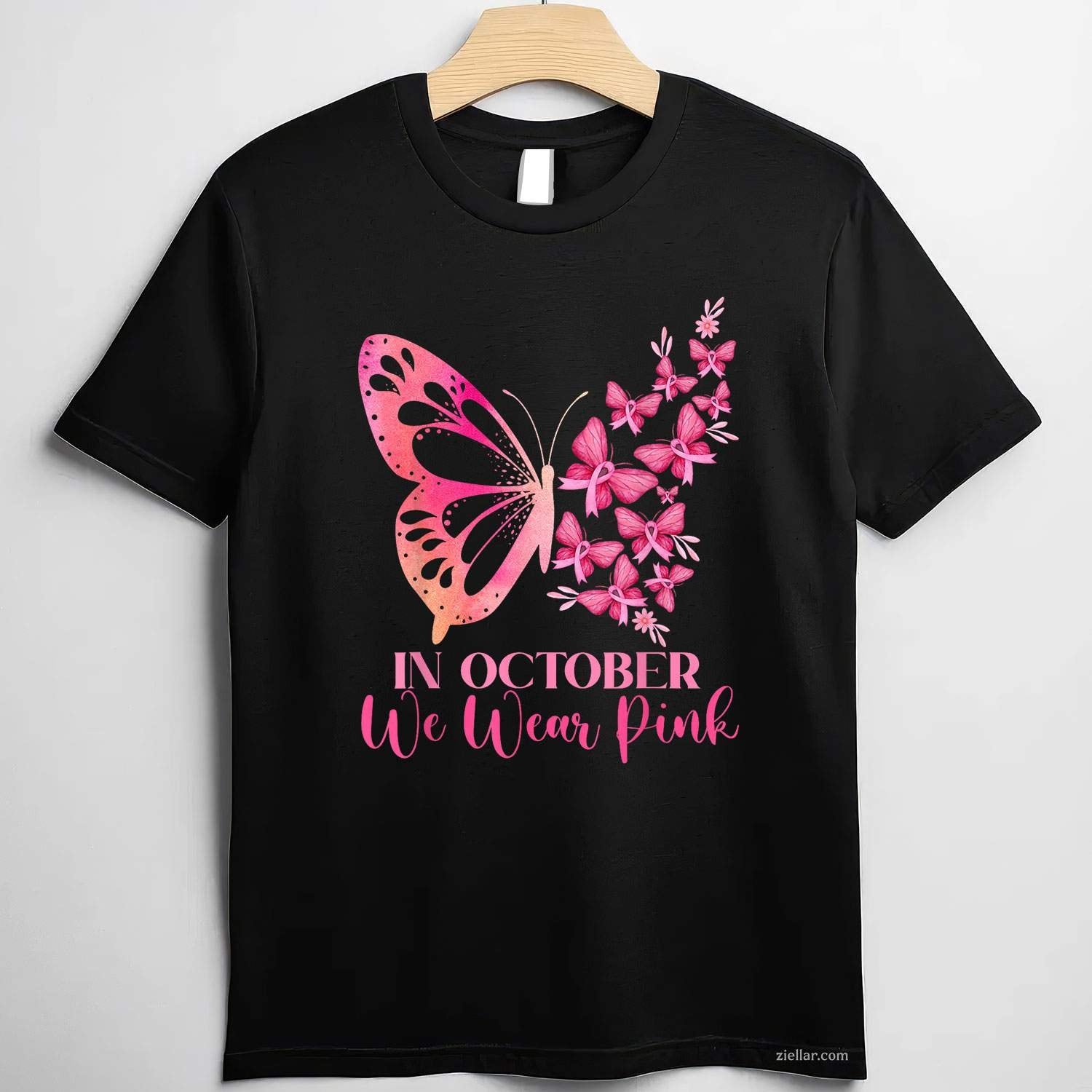 In October We Wear Pink Butterfly Breast Cancer Awareness Funny Graphic Tee and T-Shirt Gift for Adults Men Women Unisex
