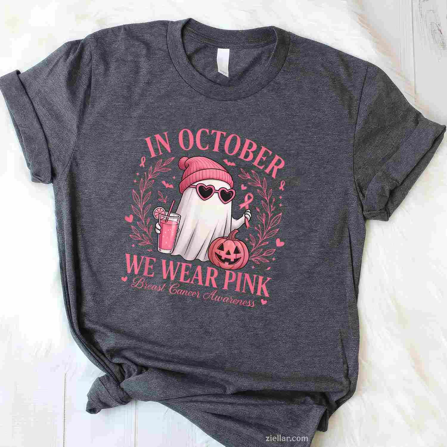 In October We Wear Pink Breast Cancer Awareness Halloween Funny Graphic Tee and T-Shirt Gift for Adults Men Women Unisex