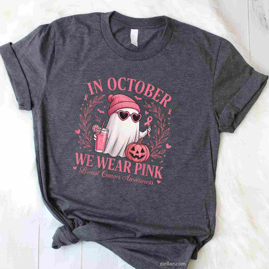 In October We Wear Pink Breast Cancer Awareness Halloween Funny Graphic Tee and T-Shirt Gift for Adults Men Women Unisex