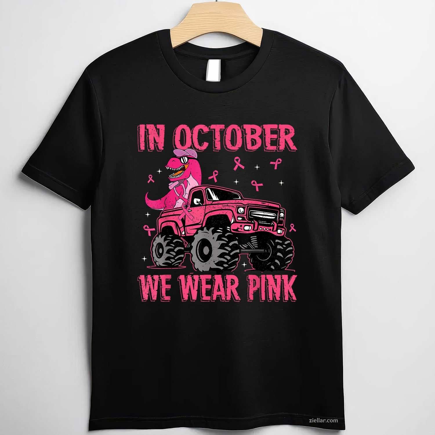 In October We Wear Pink Breast Cancer Trex Dino Kids Toddler Funny Graphic Tee and T-Shirt Gift for Adults Men Women Unisex