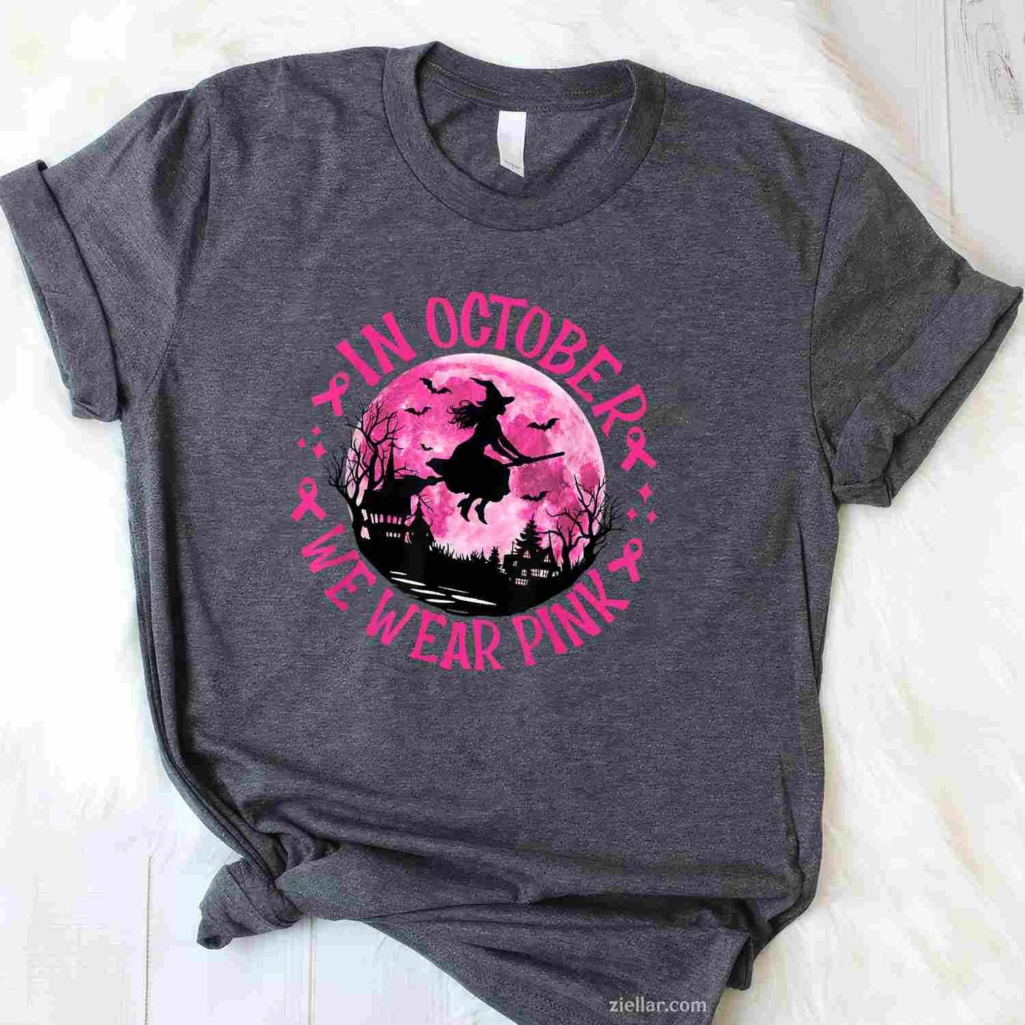 In October We Wear Pink Witch Breast Cancer Awareness Women Funny Graphic Tee and T-Shirt Gift for Adults Men Women Unisex