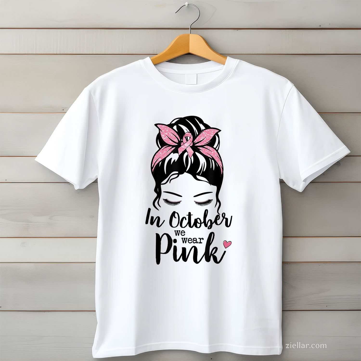 In October We Wear Pink Messy Bun Breast Cancer Awareness Funny Graphic Tee and T-Shirt Gift for Adults Men Women Unisex