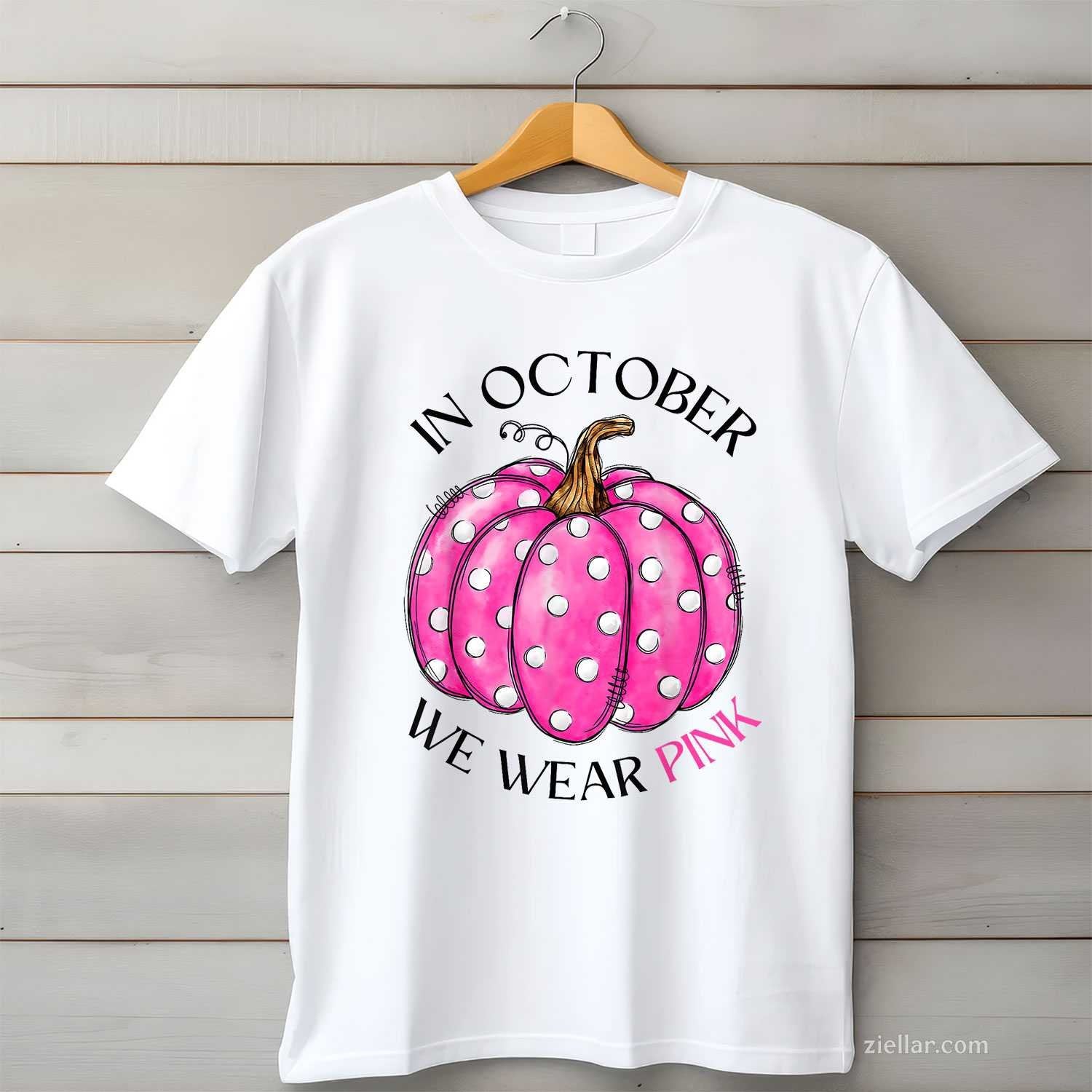 In October We Wear Pink Pumpkin Breast Cancer Awareness Gift Funny Graphic Tee and T-Shirt Gift for Adults Men Women Unisex