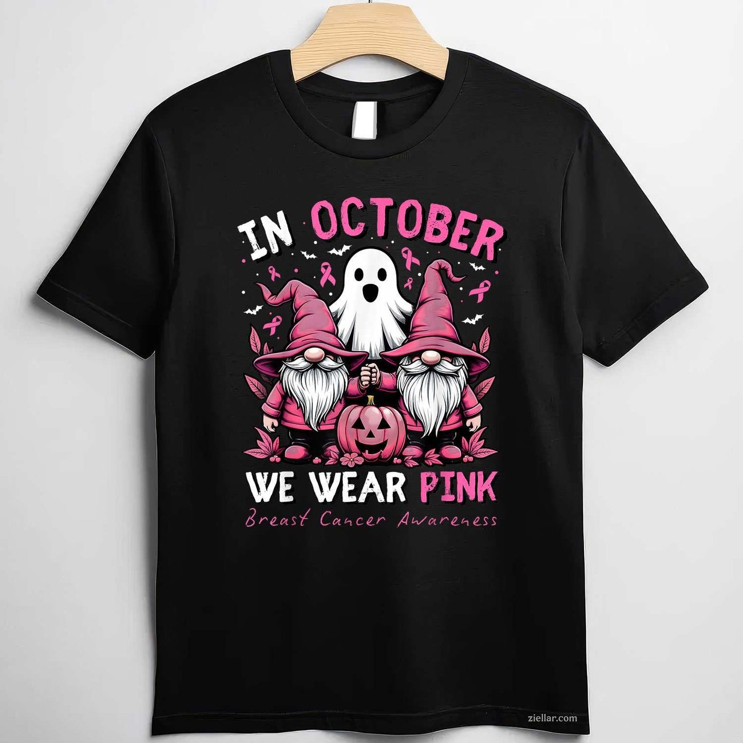 In October We Wear Pink Ghost Gnomes Breast Cancer Awareness Funny Graphic Tee and T-Shirt Gift for Adults Men Women Unisex
